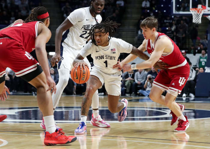 Penn State Nittany Lions guard Ace Baldwin Jr (1) maneuvers with the ball through the Indiana Hoosiers defense during the first half at Bryce Jordan Center. Penn State defeated Indiana 83-74.